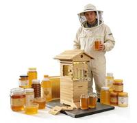 Complete Bee Box Starter Kit: Self-Flowing Honey Beehive with Observation Window, Honey Spout,4 Frames,6 Honeycomb Trays,and Carpenter Bee House for Garden Pollinators