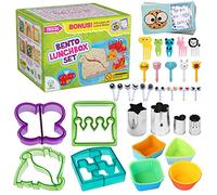 Complete Bento Lunch Box Supplies and Accessories For Kids - Sandwich Cutter and Bread Crust Remover - Mini Vegetable Fruit cookie cutters - Silicone Cup Dividers - Food Picks and FREE Lunch Notes