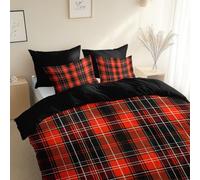 Complete Black Red Single Bedding Set, Red and Black Checkered Square Stripes Printed Duvets Cover 135 x 200 cm, Ultra Soft Breathable Reversible Quilt Covers for Girls Women Kids and Adults