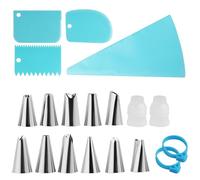 Complete Cake Decorating Kit - 21-Piece Set Featuring 12 Stainless Steel Piping Nozzles, 2 Reusable Silicone Bags, 2 Couplers, 2 Bag Ties, and 3 Plastic Scrapers for Professional and Home Bakers