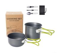 Complete Camping Cooking Kit for 12, Lightweight Non Cookware with Space Saving Design for Easy Transport (Green handle)