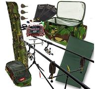 Complete Carp Fishing 2 Rod & Reel Set Up With Camo Carryall + Rod Holdall Tackle & Bait