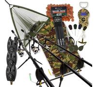 Complete Carp Fishing Kit: 3x 12ft Rods 2.75lb TC, 2x Reels, Rod Pod, Bite Alarms, Landing Net with Telescopic Handle, DPM Camo Unhooking Mat, Rigs, Tackle & Bait