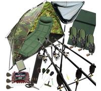 Complete Carp Fishing Set 3x 12ft Rods, Reels, Bivvy Shelter, Bedchair, Rod Pod with Bite Alarms, Landing Net, Unhooking Mat, Boilies, Tackle & Tools All-in-One Starter Kit for Anglers (3 Rods Setup)