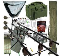 Complete Carp Fishing Set Up 3 Rods Reels With Carryall Pod Net Mat and Tackle