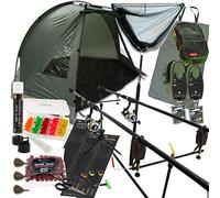 Complete Carp Fishing Set up with Shelter Bivvy Rods Reels Alarms Net & Tackle (2-Rod Setup)