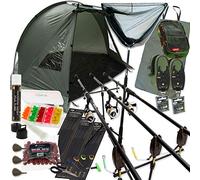 Complete Carp Fishing Set up with Shelter Bivvy Rods Reels Alarms Net & Tackle (3-Rod Setup)