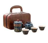 Complete Ceramic Travel Tea Set with Leather Case,Blue Chinese Tea Gift Set with Teapot, 3 Cups & Tea Caddy, Portable Tea Maker for Car, Camping, Office, Home Kitchen Daily Use and Family Tea Time