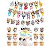 Complete DIY Pet Birthday Party Decorations Kit with Cartoon Animal Cake Toppers and Banners for Indoor Outdoor Celebrations (Cat A)