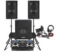 Complete DJ Package with Two 12" Passive Speakers, 18" 1000W Subwoofer, CD Mixer Amplifier, Adjustable Stands, Microphone, Headphones & Cables, Comprehensive PA System for DJs, Events & Parties