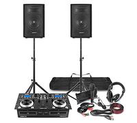 Complete DJ Starter Package - Dual CD Mixer Amp, 2x 8” Passive PA Speakers, Speaker Stands, 6m Cables, Microphone & Headphones Kit - Home & Bedroom DJ Setup, Premium DJ Equipment Bundle