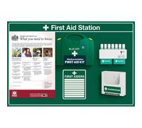 Complete First Aid Station, BS8599 Compliant First aid kit for 1-100 People, with Eyewash Pods and Health & Safety Law Poster, 84 x 60 cm