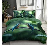 Complete Green Plants Double Bedding Set, Branch Bird Kingfisher Printed Duvets Cover 200 x 200 cm, Ultra Soft Breathable Reversible Quilt Covers for Girls Women Kids and Adults