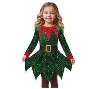 Complete Kids Christmas Elf Costume Set for Girls, Includes Long Sleeve Dress, Festive Hat and Striped Stockings Kids Cheeky Elves Dress Up