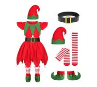 Complete Kids Christmas Elf Costume Set for Girls, Includes Long Sleeve Dress, Festive Hat, Shoe Covers and Striped Stockings Kids Cheeky Elves Dress Up