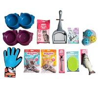 Complete Kitten Starter Kit with Reflective Collar, Food Bowls, Litter Accessories, Interactive Toys, Grooming Tools, Treats, Perfect for New Cat Owners (Red Trim Collar)