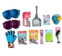 Complete Kitten Starter Kit with Reflective Collar, Food Bowls, Litter Accessories, Interactive Toys, Grooming Tools, Treats, Perfect for New Cat Owners (White Trim Collar)