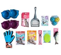 Complete Kitten Starter Kit with Reflective Collar, Food Bowls, Litter Accessories, Interactive Toys, Grooming Tools, Treats, Perfect for New Cat Owners (Pink Trim Collar)