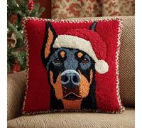 Complete Latch Hook Cushion Kit for Christmas,43x43 cm DIY Pillow Making Kit with Printed Canvas,Hook & Yarn,Easy Craft for Beginners,Christmas Doberman Pinscher