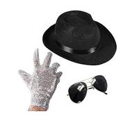 Complete Michael Jackson Halloween Costume Set with Fedora Hat, Sequin Gloves, Aviator Sunglasses & Bad LP Accessories black