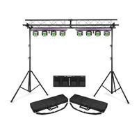Complete Moving Head DJ Lighting Package with 4 Synchronised Heads, LED Ring Effects, Colour Wash Bar and Strobe, Truss Bridge, and Fast Setup - Ideal for Event, Party, or Wedding Lighting