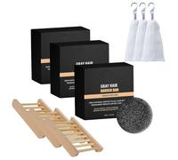 Complete Natural Black Hair Care Set - Nourishing Soap Bar with Bamboo Holder Loofah Sponge for Women and Men, Hair Darken Bars with Ginseng Black Sesame(Black3Pcs)