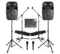 Complete PA System Package for Small Band & Vocalist with 15" Active Speakers, Mixer, 2 Mics, Stands, Bluetooth, LED Lights for Live Performance & Events