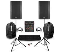 Complete PA System Package with 12 inch Vonyx VSA120S Bluetooth Active/Passive Speakers, 6 Channel Mixer, USB Audio Interface, Carry Bags, Tripod Stands, for Bands, Singers, Duos, Churches