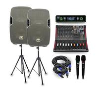 Complete Professional 2000 Watts Complete PA System 4 Channel Power Mixer 12" Speakers Dual Wireless Microphone Stand
