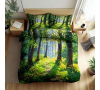 Complete Sage Green Double Bedding Set, Nature Forest Sunny Green Grass Printed Duvets Cover 200 x 200 cm, Ultra Soft Breathable Reversible Quilt Covers for Girls Women Kids and Adults