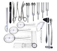 Complete set of goniometer for occupational physiotherapy students includes 6.8" plastic joint angle measuring rulers, reflex hammers, pinwheels, bandage scissors,