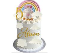 Complete Set of Gorgeous Edible Sugar Fondant 3D Unicorn/Pony, Rainbow & Clouds, Personalised Gold Mirror Card Name, Age Number Girl's Birthday, Baby Shower, Graduation Cake Topper/Decoration