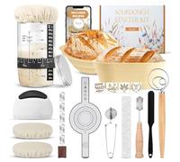 Complete Sourdough Starter Kit, Sourdough bread baking supplies, Great Gift Beginners Bread Makers 24oz Fermentation Jar 9" and 10" Silicone Banneton Bread Proofing Basket, sour dough Whisk,18 in 1