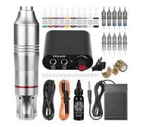 Complete Tattoo Kit - Rotary Tattoo Pen Set for Beginners, Adjustable Power Supply, Cartridges, Foot Pedal, and Accessories for Liner Shader,Silver