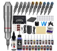 Complete Tattoo Machine Kit - Rotary Tattoo Pen Set with DC Power Supply, 20 Color Tattoo Inks and Mixed Tattoo Needles for Beginners and Practice Use,Silver,A