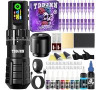 Complete Tattoo Machine Kit with TDDJNN Wireless Rotary Tattoo Pen/Gun 1800mAh LED Battery 7 Strokes Length Normal/Stippling Modes RCA Adapter 20 Cartridge Needles for Pro Artists & Beginners (BLACk)