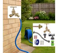 Complete Through-Wall Outdoor Tap Installation Kit With Self-Cutting Valve, Brass Bib Tap With Lime/grey Hose Connector