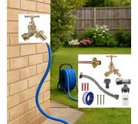 Complete Through-Wall Outdoor Tap Installation Kit With Self-Cutting Valve, Brass Bib Tap With White/grey Hose Connector