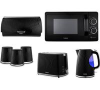 Tower Sonar Black 1.7L 3KW Kettle, 2 Slice Toaster, Bread Bin, Tea, Coffee, Sugar Canisters and T24042BLK 800W 20L Microwave. Stylish Matching Kitchen Set of 7 in Black