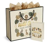 Complete Wild One 1st Birthday Gift Bag Set 13" with Greeting Card & 3 Tissue Papers, Large Jungle Safari Party Favor Present Bag for Boys First Birthday Decorations