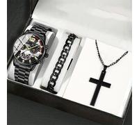 Complete Your Look Men's Steel Belt Dial Watch Set with Elegant Bracelet and Cross Necklace (Black Silver Gold)