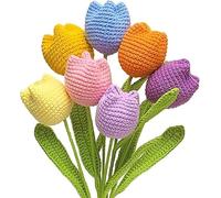 Completed Crochet Flowers, 7PCS Fake Tulips Artificial Flowers Handmade Knitted Tulip Bouquet Crochet Flower Bouquet Table Centerpieces Gift for Women Birthdays Holidays Events Celebrations