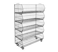 CompleteShopfittings 5 Tier Stacking Baskets Floor Stand - Wire Display Rack for Retail Shops & Supermarkets, Freestanding Merchandising Bins (Large Black)