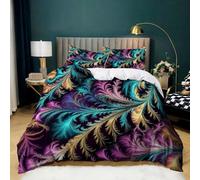 Complex Fractal Patterns Duvet Cover Set 3 Pcs Double Size, Soft Cosy Microfibre Bedding Sets - Dark Purple Printed Duvet Cover 200 x 200 cm with 2 Pillow Cases for Adult Kids Bedroom Collection