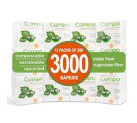 Compo Compostable Everyday Lunch Napkins, 1-Ply Tree Free White Paper Napkins, Chlorine-Free, Made of Sugarcane, Bulk 250 Count (Pack of 12)