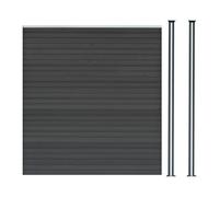 Composite Fence Panel & 2 Aluminium Posts 6ft Board Grey Double Sided Wood Grain Slatted Fencing Plastic PVC Outdoor Garden Driveway Privacy Barrier 185cm High x 180cm Wide Solar Powered LED Lighting