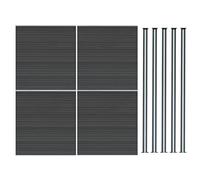 Composite Fence Panel x 4 & 5 Aluminium Posts 6ft Board Grey Double Sided Wood Grain Slatted Fencing Plastic Outdoor Garden Driveway Privacy Barrier 185cm High x 699cm Wide Solar Powered LED Lighting