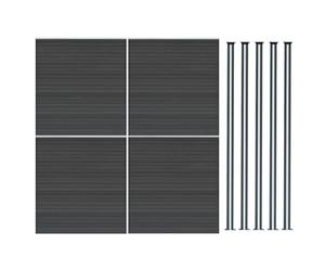 Composite Fence Panel x 4 & 5 Aluminium Posts 6ft Board Grey Double Sided Wood Grain Slatted Fencing Plastic Outdoor Garden Driveway Privacy Barrier 185cm High x 699cm Wide Solar Powered LED Lighting