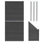 Composite Fence Panels x 2 Angled Piece & 4 Metal Posts 6ft Double Sided Board Wood Grain Slatted Fencing Grey Plastic Outdoor Garden Privacy Barrier 185cm H x 446cm W Solar Powered LED Lighting
