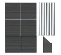 Composite Fence Panels x 6 Angled Piece & 8 Metal Posts 6ft Double Sided Board Wood Grain Slatted Fencing Grey Plastic Outdoor Garden Privacy Barrier 1.85m H x 11.38m W Solar Powered LED Lighting